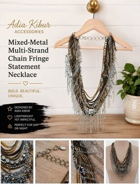 ✨ Adia Kibur Mixed Metal Multi-Strand Chain Fringe Statement Necklace